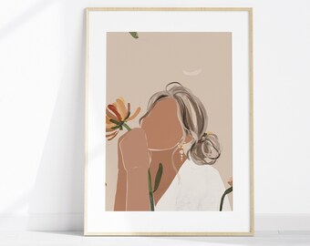 Minimal Flower Feminine Above Bed Art Print Earth Tone Wall Art Modern Abstract Face Art Print Empowerment Print Figure Drawing Poster