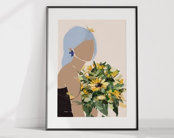 Sunflower Abstract Face Feminine Art Figure Drawing Print Minimal Flower Art Women Abstract Figure Wall Art Modern Abstract Art Print