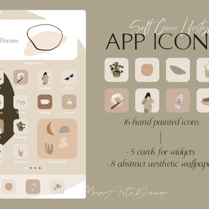 Puede incluir: Un conjunto de 16 iconos de aplicaciones pintados a mano en un esquema de color verde suave y beige. Los iconos están diseñados para una estética minimalista e incluyen iconos para aplicaciones populares como Twitter, Facebook, Instagram y YouTube. El texto "Soft Green Lifestyle APP ICONS" está en la parte superior de la imagen. El texto "16 iconos pintados a mano", "5 tarjetas para widgets" y "8 fondos de pantalla estéticos abstractos" también están incluidos en la imagen.