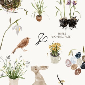 K&ouml;nnte beinhalten: Ein Aquarell-Illustrationsset mit Fr&uuml;hlings- und Ostermotiven. Das Set enth&auml;lt einen Vogel, ein Kaninchen, ein Nest, Blumen, Eier und eine Schere. Die Illustrationen sind in einer weichen, gedeckten Farbpalette gehalten.