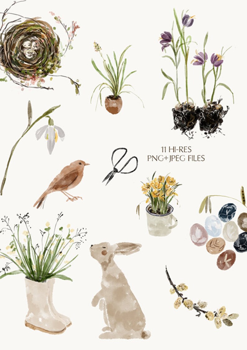 K&ouml;nnte beinhalten: Ein Aquarell-Illustrationsset mit Fr&uuml;hlings- und Ostermotiven. Das Set enth&auml;lt einen Vogel, ein Kaninchen, ein Nest, Blumen, Eier und eine Schere. Die Illustrationen sind in einer weichen, gedeckten Farbpalette gehalten.