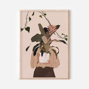 Plant boho woman art print, Apartment wall art, Plant lady art, Modern home decor, Abstract female, Woman portrait, Female illustration