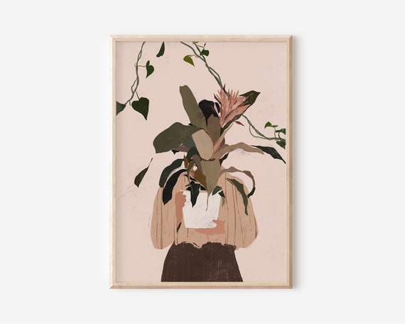 Plant boho woman art print, Apartment wall art, Plant lady art, Modern home decor, Abstract female, Woman portrait, Female illustration
