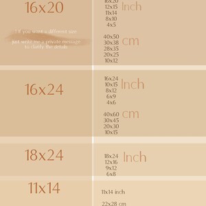 K&ouml;nnte beinhalten: Eine Tabelle mit verschiedenen Gr&ouml;&szlig;en in Zoll und Zentimetern zum Drucken. Die Gr&ouml;&szlig;en sind 16x20, 16x24, 18x24, 11x14 und A3. Der Text "size{inch}" und "for printing" befindet sich oben in der Tabelle.