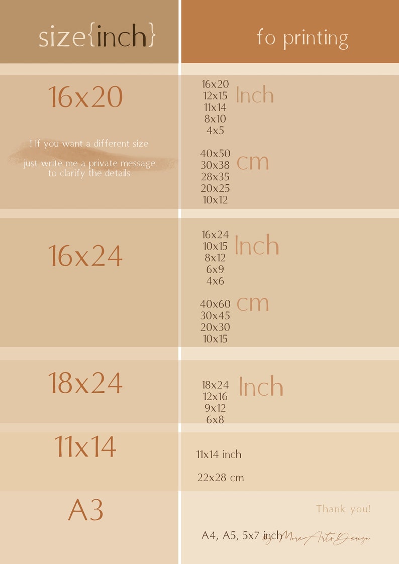K&ouml;nnte beinhalten: Eine Tabelle mit verschiedenen Gr&ouml;&szlig;en in Zoll und Zentimetern zum Drucken. Die Gr&ouml;&szlig;en sind 16x20, 16x24, 18x24, 11x14 und A3. Der Text "size{inch}" und "for printing" befindet sich oben in der Tabelle.