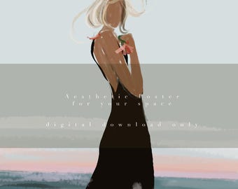 Minimal Woman at Sea Art Poster | Abstract Female Figure Illustration | Modern Aesthetic Wall Art | Neutral Coastal Print | Digital Download