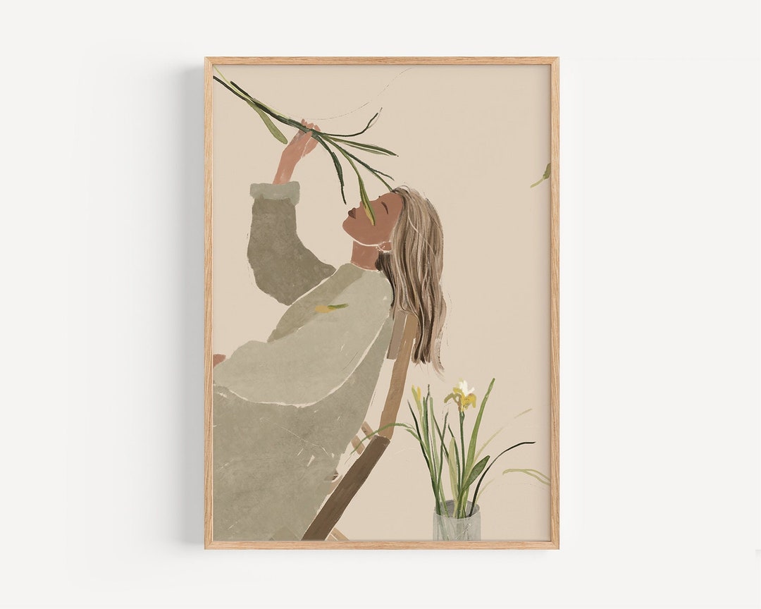 Woman With Flowers Above Bed Decor Feminine Art Print Fashion Poster ...