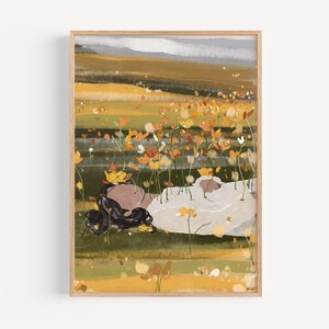 K&ouml;nnte beinhalten: Ein Gem&auml;lde, das eine Person zeigt, die in einem Feld mit gelben Blumen liegt. Die Person tr&auml;gt ein wei&szlig;es Kleid und hat lange schwarze Haare. Der Hintergrund ist eine verschwommene Landschaft aus Gr&uuml;n und Braun.