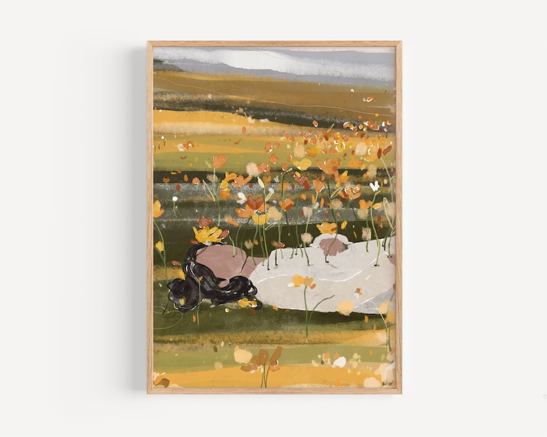 K&ouml;nnte beinhalten: Ein Gem&auml;lde, das eine Person zeigt, die in einem Feld mit gelben Blumen liegt. Die Person tr&auml;gt ein wei&szlig;es Kleid und hat lange schwarze Haare. Der Hintergrund ist eine verschwommene Landschaft aus Gr&uuml;n und Braun.
