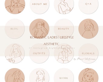 Könnte beinhalten: Ein Satz von 10 Instagram-Story-Highlight-Covern mit minimalistischen Linienzeichnungen von Frauen in verschiedenen Posen. Die Cover sind in einer neutralen Farbpalette aus Beige und Weiß gehalten, mit dem Text "ROMANTIC LADIES | LIFESTYLE AESTHETIC" und "37 Instagram-Highlights" in Braun.