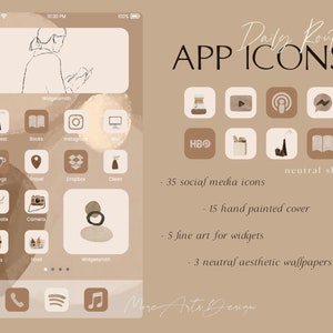 Puede incluir: Una ilustración digital de una pantalla de teléfono con una colección de iconos de aplicaciones en tonos neutros. Los iconos están dispuestos en una cuadrícula y incluyen aplicaciones como Pinterest, Instagram, Dropbox, y más. El texto "Daily Routine APP ICONS" está en la parte superior de la imagen.