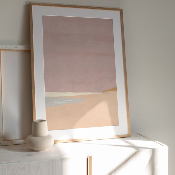 Pastel Beach Print Ocean Posters Aesthetic, Blush Wall Art Boho Landscape Print, Minimal Boho Poster, Above Bed Decor, Trendy Wall Art