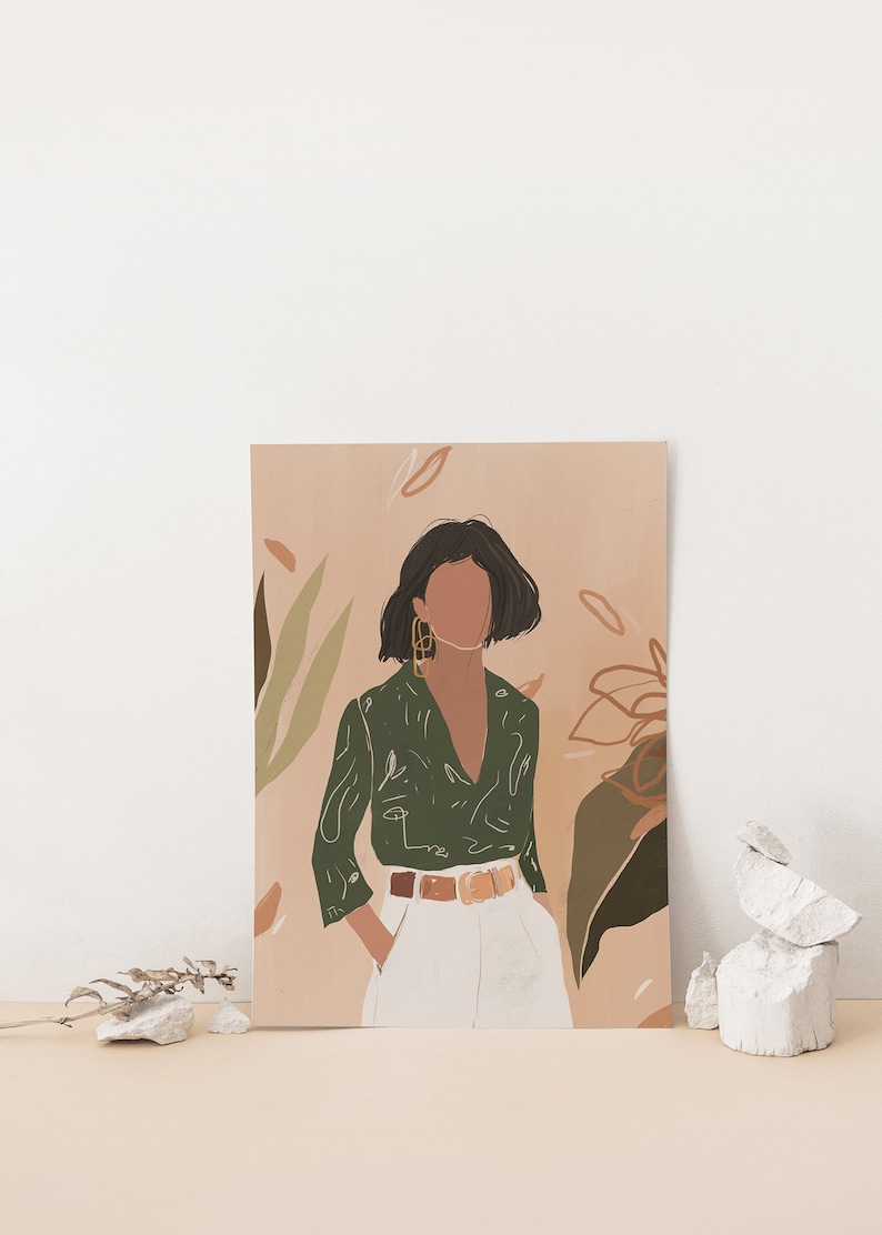 May include: A digital illustration of a person wearing a green patterned shirt with a white collar, white pants, and gold earrings. The person is standing in front of a peach background with green and brown abstract shapes.