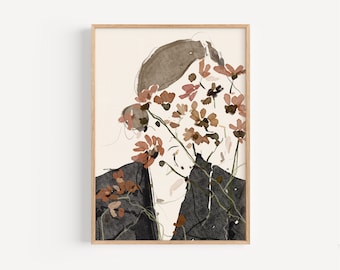 Botanical Abstract Face Feminine Art Figure Drawing Print Minimal Flower Art Women Abstract Figure Wall Art Modern Abstract Art Print