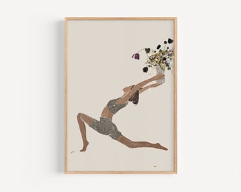 Neutral Woman Floral Yoga Minimalist Print, Abstract People Printable Modern Wall Art, Aesthetic Print Minimalist Poster, Instant Download