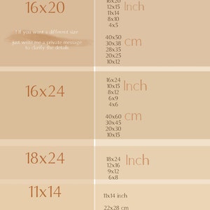 May include: A chart with different sizes in inches and centimeters for printing. The sizes are 16x20, 16x24, 18x24, 11x14, and A3. The text "size{inch}" and "for printing" is at the top of the chart.