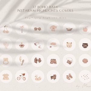 32 Instagram Story Highlight Icons, Boho Newborn Baby Covers, Neutrals Modern Clipart Png Branding Kit, Handdrawn Illustrations, IG Story