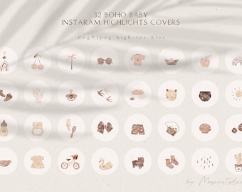 32 Instagram Story Highlight Icons, Boho Newborn Baby Covers, Neutrals Modern Clipart Png Branding Kit, Handdrawn Illustrations, IG Story