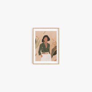 May include: A framed illustration of a person wearing a green patterned shirt and white pants standing in front of a pink background with green and brown foliage.