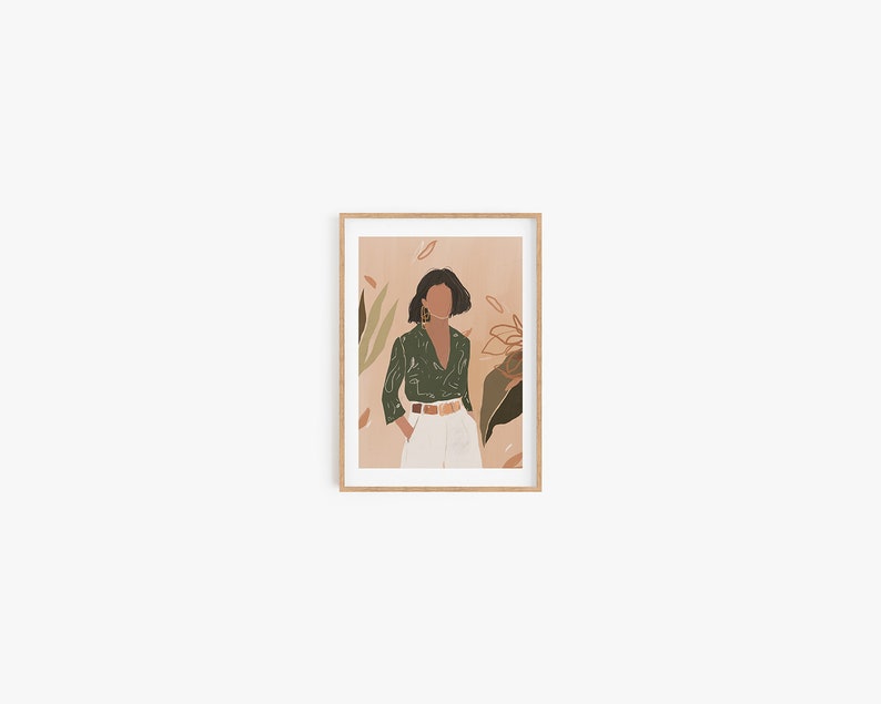 May include: A framed illustration of a person wearing a green patterned shirt and white pants standing in front of a pink background with green and brown foliage.