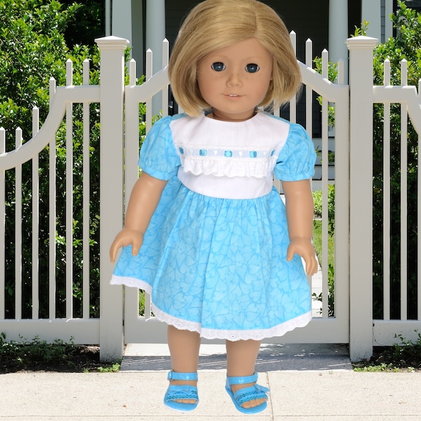 Blue Dress with White Yoke Eyelet and Ribbon Trim and Blue Sandals Handmade for 18 inch Doll (American Girl) #338