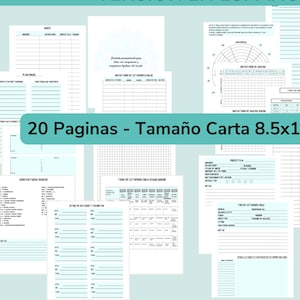 May include: A printable PDF document in Spanish with 20 pages of planner templates. The templates include various layouts for tracking habits, goals, and schedules. The document is letter size, 8.5 x 11 inches.