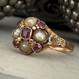 Antique Victorian 15Ct Gold Garnet and Seed Pearl Floral Cluster Ring. Size P 1/2 - 8 - 57. Circa 1850s