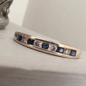 Vintage 9ct Gold Channel Set Sapphire and Diamond Band. 9K Stacking Ring