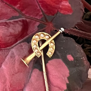 Victorian 18ct Gold Seed Pearl Stick Pin: Antique Equestrian Lapel Pin