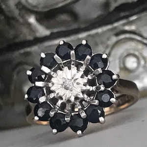 Vintage 9ct Sapphire and Diamond Dress Ring. Floral Cluster Sapphire Statement Ring.