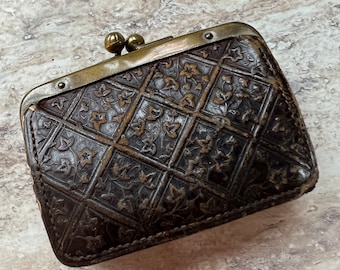 Victorian Miniature Tooled Leather Coin Purse. Victorian Antique leather coin purse.