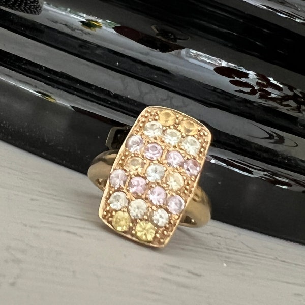 9ct Gold and Multi-Stone Topaz Oblong Panel Ring. Multi-gem Topaz statement ring.