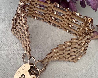 Antique 9ct Gold Gate Link Bracelet Heart 10.42g Padlock 3 Bar 9k 16 ...