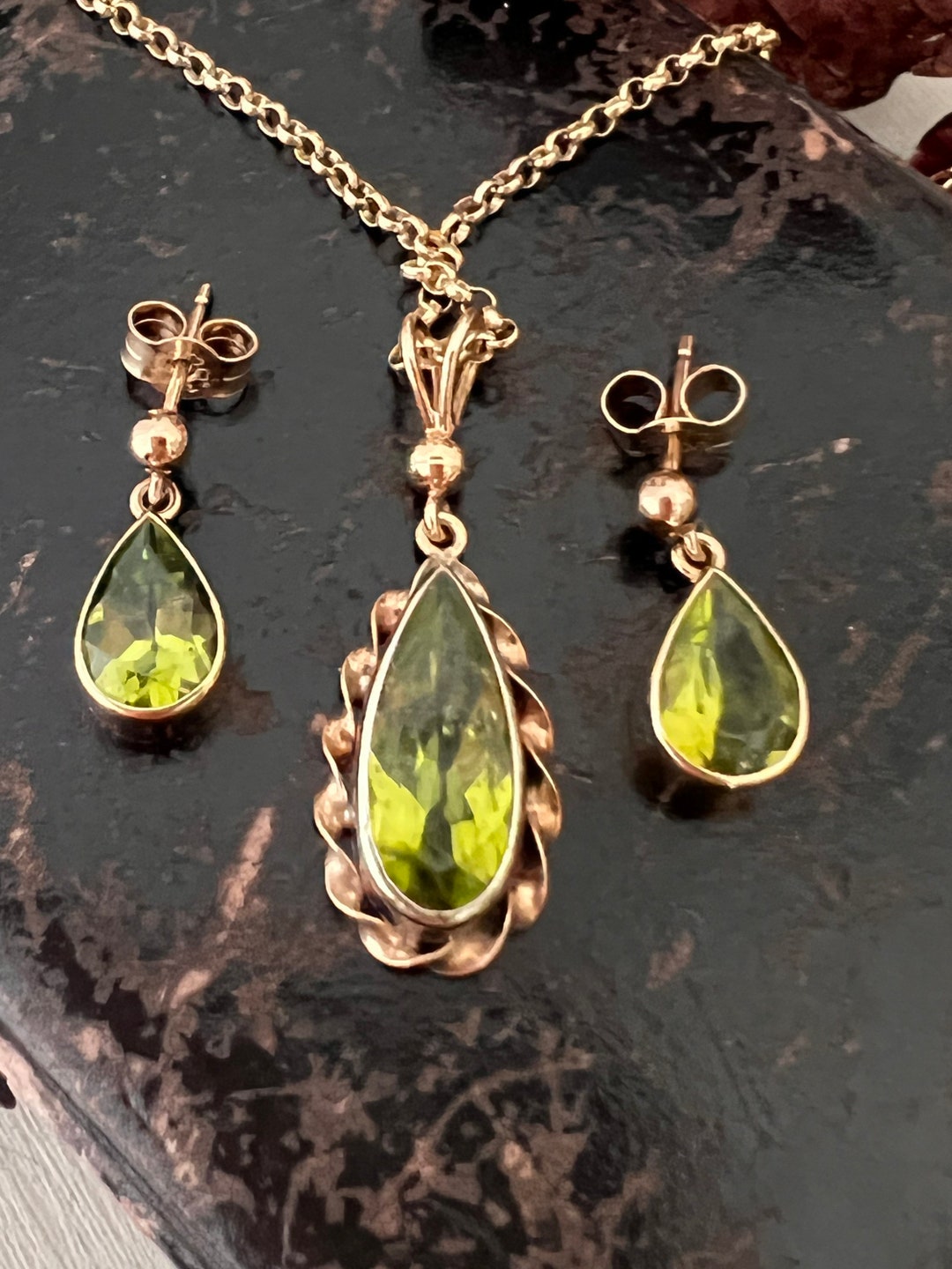 Vintage 9ct Gold and Peridot Necklace and Earrings Set. 1999. Etsy