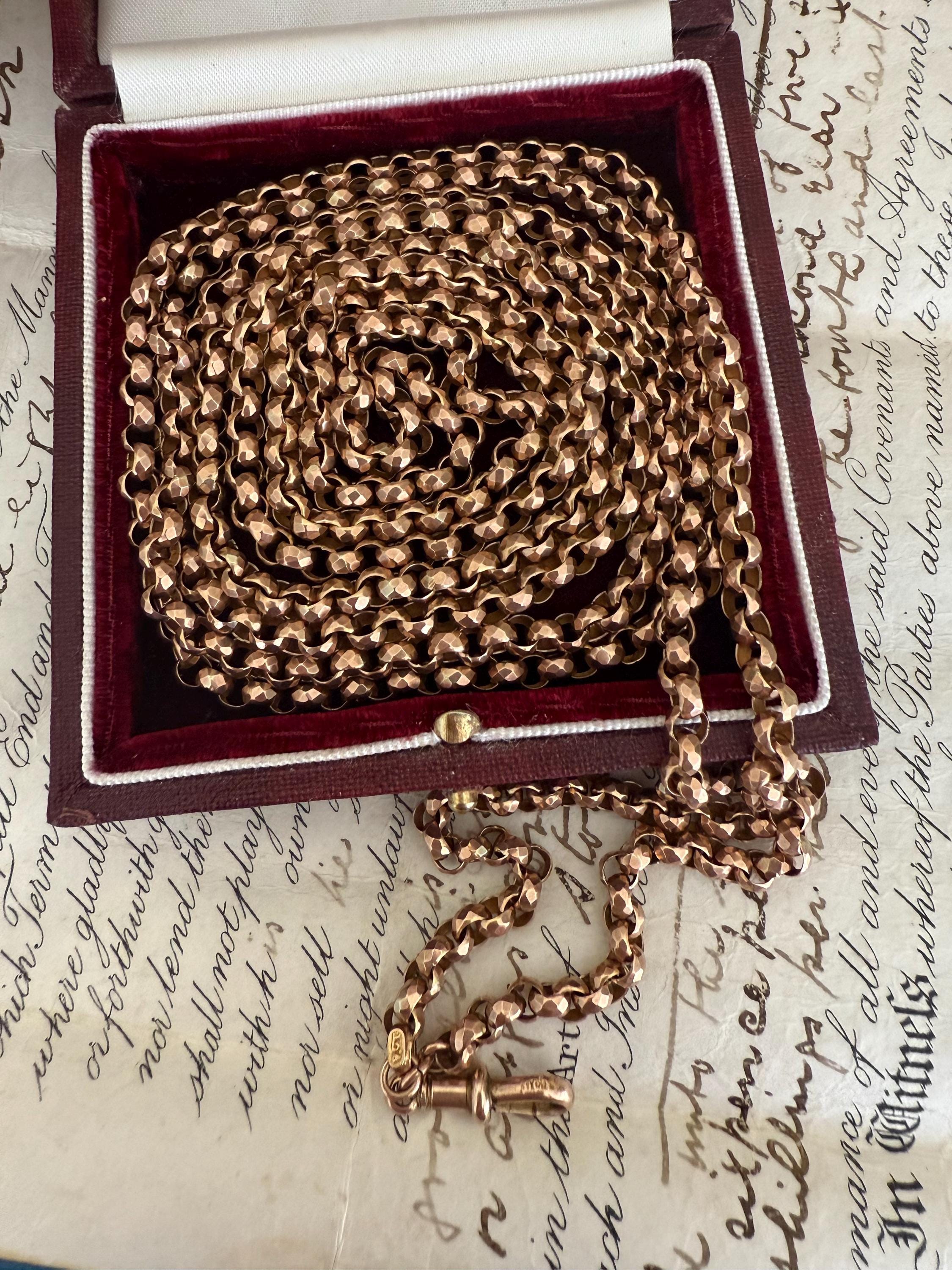 Antique Victorian 9Ct Rose Gold Faceted Belcher Link Longuard Muff Chain. 60 Inches.