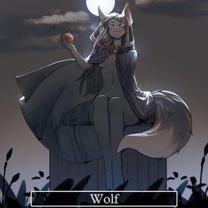 May include: Digital art print of a wolf-like character with a long tail, sitting under a full moon. The character holds a red apple. The image has a dark, fantasy theme. Text on the image reads "Wolf" and "Art by LessDraws."