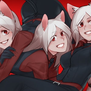 May include: Three anime characters with white hair and cat ears, wearing red and black clothing, against a red background. The characters are smiling and looking at the viewer.