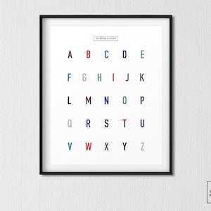 Póster del alfabeto: moderno sistema de escritura latina/romana para agregar un ambiente de diseño minimalista, también ideal para el aprendizaje del bebé o la sala de juegos de los niños.