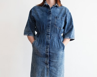 Vintage VIVALDI Dark Acid Wash Button-Front Denim Dress with Elastic Waist