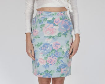 Vintage Bon Bon Originals Pastel Floral Denim Pencil Skirt