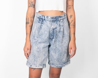 Vintage 80s Acid Wash Pleated and Cuffed Denim Jean Shorts