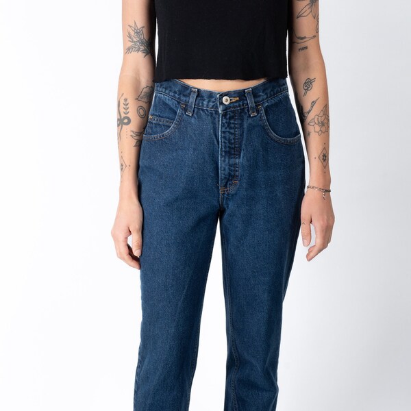 Vintage London Jean Dark Wash Denim Jeans with High Waist and Tapered Legs