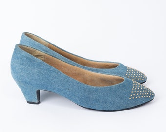 Vintage 80s Annie Gold Studded Stone Wash Denim Pumps