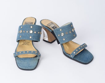 Vintage 90s Street Feet Rhinestone and Gold Studded Denim Sandals with Clear Heels