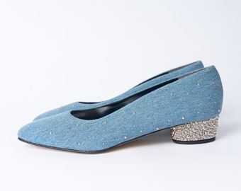 Incredible Pristine 80s J. Renee Silver Studded Denim Pumps with Silver Studded Heels