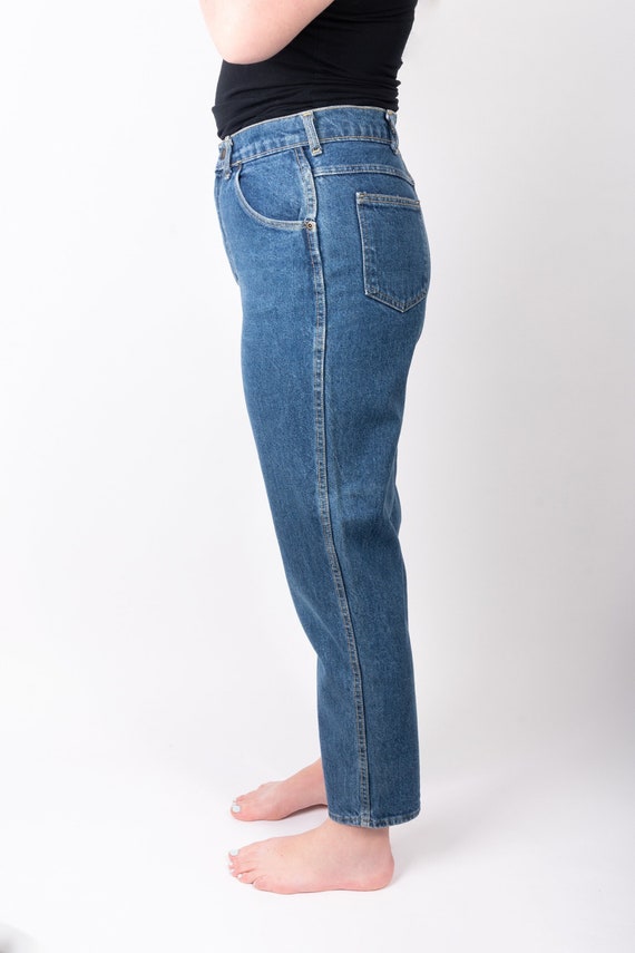 80s French Navy Denim Jeans with High Waist, Taper