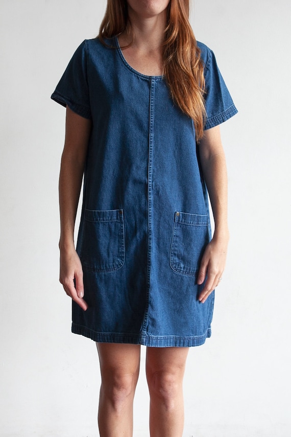 Vintage Denim Mini Chore Utility Dress with Pocket