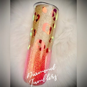 Leopard, Coral and gold glitter ombré tumbler