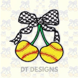 May include: Embroidered patch featuring two yellow softball-shaped cherries with red stitching, green stems, and a black and white checkered bow. The text "DT DESIGNS" is at the bottom.