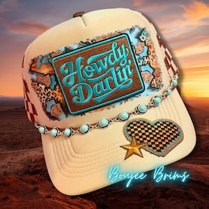 NWT Brown Turquoise trucker hat with sequin cow print heart Turquoise Cowgirl Hat, Country Wedding, Gifts for Her  main image 2